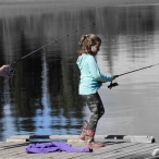 2 girls fishing at Moose Lake - b&w & colour